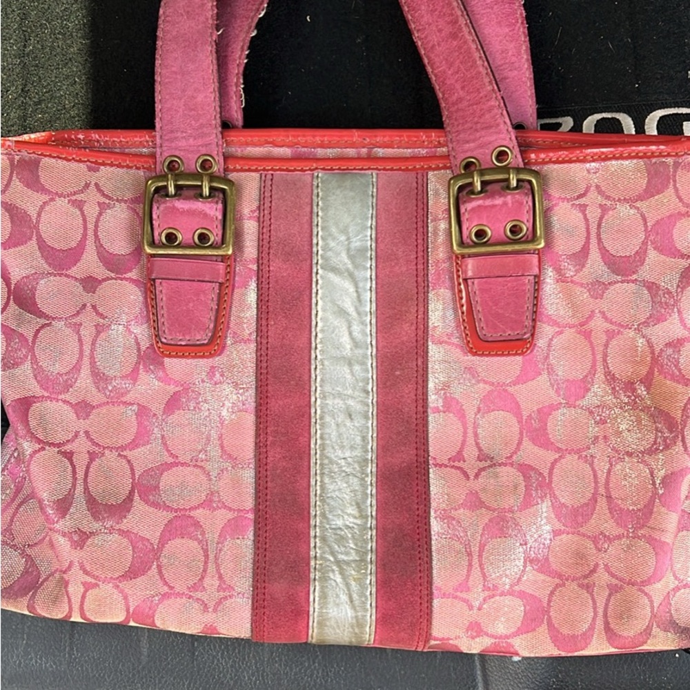 Coach Pink and Silver Tote Bag with Signature Monogram